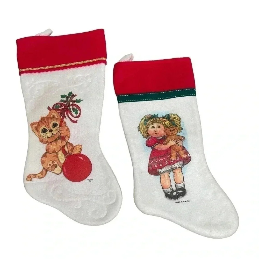 Vintage Felt Christmas Stockings 1997 Rauch Playing Kitten & 1984 Cabbage Patch